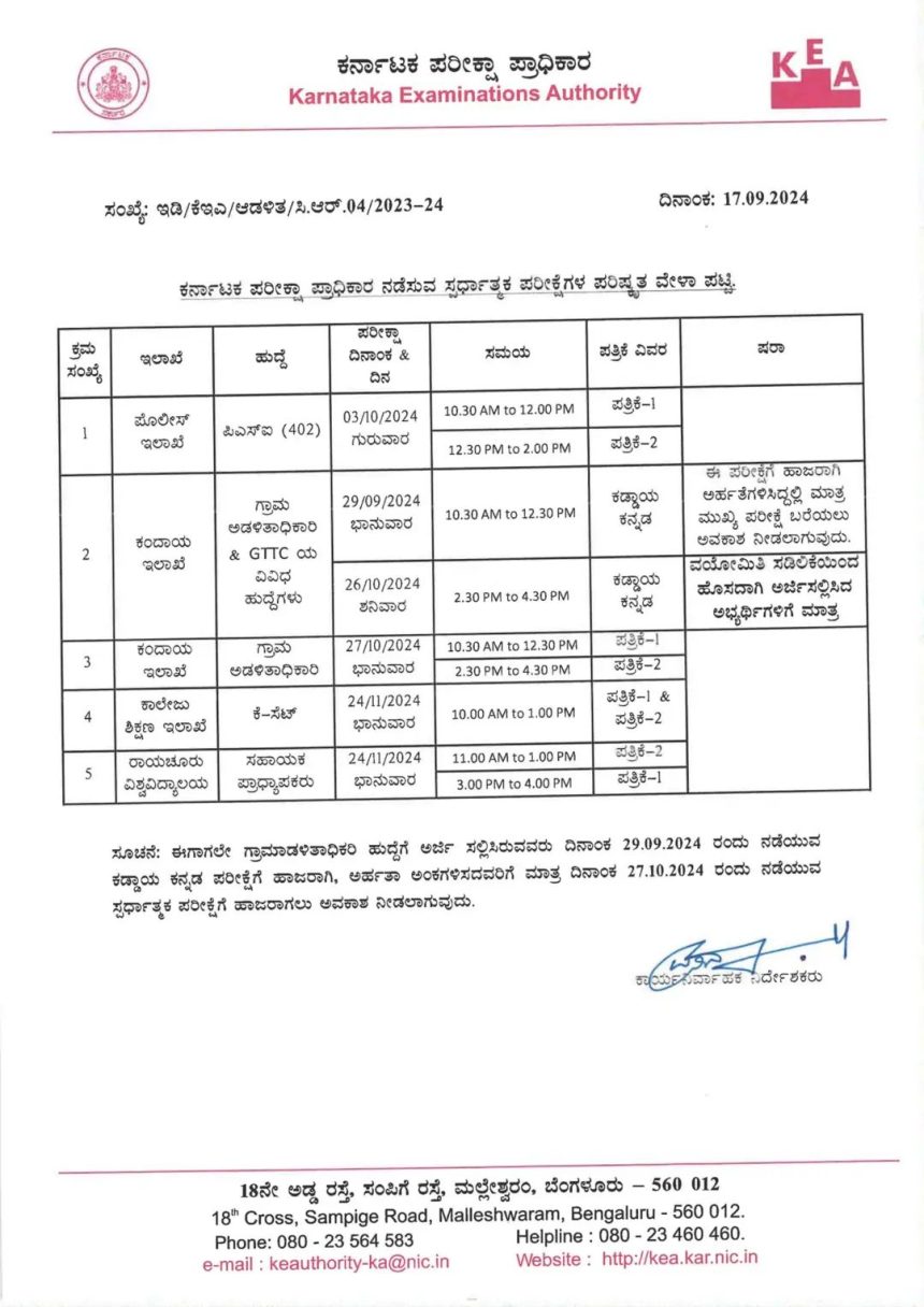 ವಿವಿಧ ಹುದ್ದೆಗಳ ಪರೀಕ್ಷೆಗೆ ಪರಿಷ್ಕೃತ ದಿನಾಂಕ ಪ್ರಕಟ