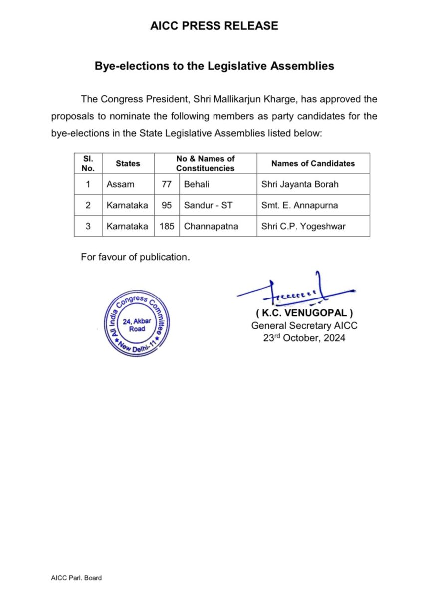 ಎರಡು ಕ್ಷೇತ್ರಗಳಿಗೆ ಕಾಂಗ್ರೆಸ್ ಟಿಕೆಟ್ ಘೋಷಣೆ : ಶಿಗ್ಗಾವಿ ಮಾತ್ರ ಇನ್ನು ಸೀಕ್ರೆಟ್ 