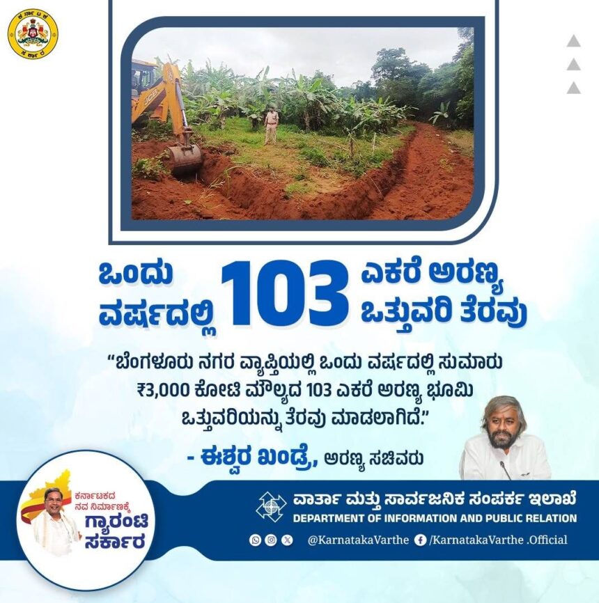 3,000 ಕೋಟಿ ಮೌಲ್ಯದ 103 ಎಕರೆ ಅರಣ್ಯ ಭೂಮಿ ಒತ್ತುವರಿ ತೆರವು : ಈಶ್ವರ ಖಂಡ್ರೆ 