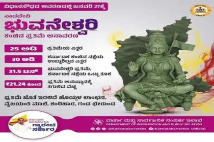 ಇಂದು ಶಕ್ತಿಸೌಧದಲ್ಲಿ 25 ಅಡಿ ಎತ್ತರದ ಭುವನೇಶ್ವರಿ ತಾಯಿ ಕಂಚಿನ ಪ್ರತಿಮೆ ಅನಾವರಣ 