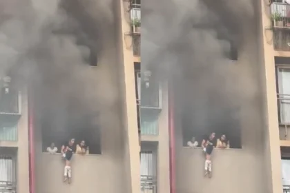 ಬಹುಮಹಡಿ ಕಟ್ಟಡದಲ್ಲಿ ಬೆಂಕಿ : ಪ್ರಾಣದ ಹಂಗು ತೊರೆದು ಮಕ್ಕಳೊಂದಿಗೆ ಬಾಲ್ಕನಿಯಿಂದ ಜಿಗಿದ ಮಹಿಳೆ