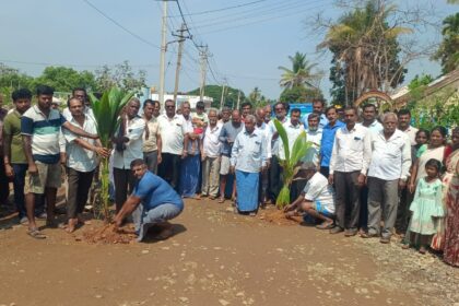 ರಸ್ತೆ ಸರಿಪಡಿಸಲು ಆಗ್ರಹ : ರಸ್ತೆಯಲ್ಲಿ ತೆಂಗಿನ ಸಸಿ ನೆಟ್ಟು ಪ್ರತಿಭಟನೆ ನಡೆಸಿದ ಅಮ್ಮಸಂದ್ರ ಗ್ರಾಮಸ್ಥರು