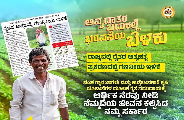 ರೈತರ ಆತ್ಮಹತ್ಯೆ ಪ್ರಕರಣದಲ್ಲಿ ಗಣನೀಯ ಇಳಿಕೆ : ರಾಜ್ಯ ಸರ್ಕಾರ ಖುಷ್ ರೈತರ ಆತ್ಮಹತ್ಯೆ ಪ್ರಕರಣದಲ್ಲಿ ಗಣನೀಯ ಇಳಿಕೆ : ರಾಜ್ಯ ಸರ್ಕಾರ ಖುಷ್