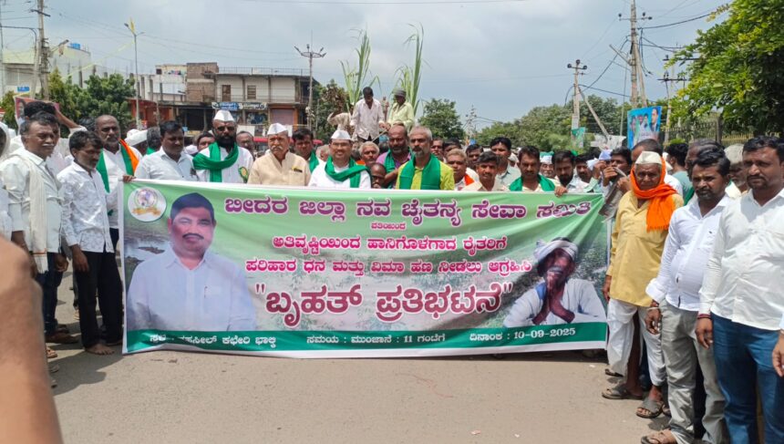 ಬೆಳೆ ಹಾನಿ ಪರಿಹಾರ ನೀಡುವಂತೆ ಆಗ್ರಹಿಸಿ ನವಚೈತನ್ಯ ಸೇವಾ ಸಮಿತಿಯಿಂದ ಪ್ರತಿಭಟನೆ