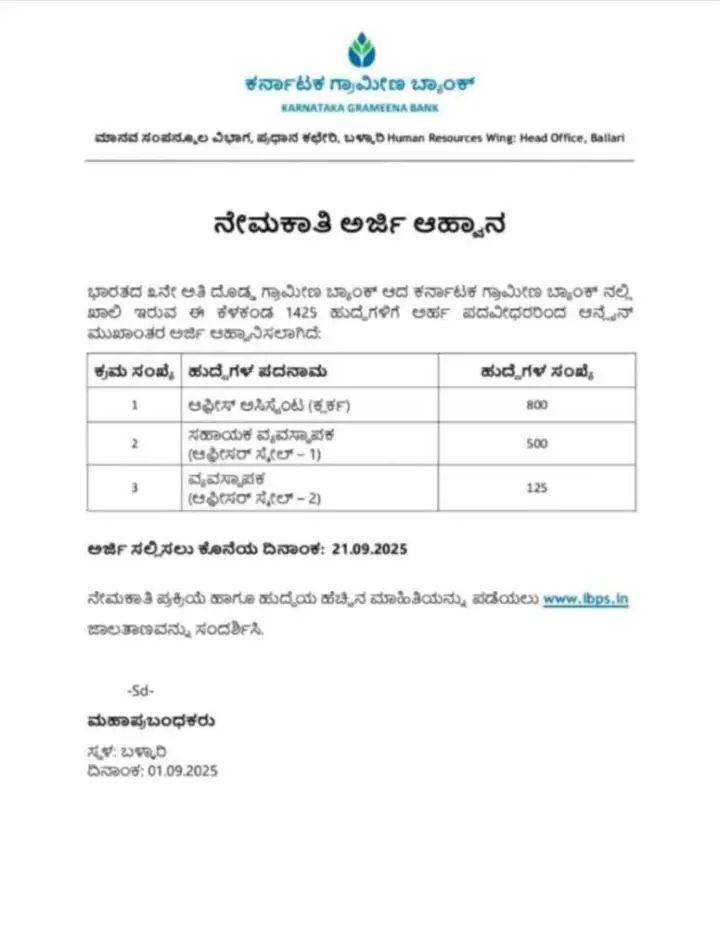 ಕೆವಿಜಿ ಬ್ಯಾಂಕ್ ನಲ್ಲಿ ಖಾಲಿರುವ 1425 ಹುದ್ದೆಗಳಿಗೆ ಅರ್ಜಿ ಆಹ್ವಾನ