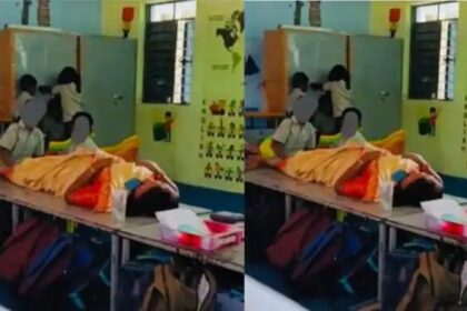 ಟೇಬಲ್ ಮಲಗಿ ಮಕ್ಕಳಿಂದ ಕೈಕಾಲು ಒತ್ತಿಸಿಕೊಂಡು ಶಿಕ್ಷಕಿ : ವಿಡಿಯೋ ವೈರಲ್ 