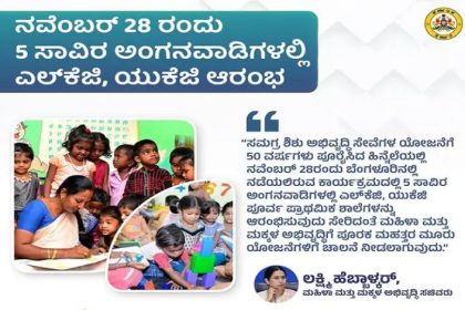 ನ.28ರಿಂದ 5,000 ಅಂಗನವಾಡಿಗಳಲ್ಲಿ ಎಲ್ ಕೆ ಜಿ, ಯುಕೆಜಿ ಆರಂಭ : ಸಚಿವೆ ಲಕ್ಷ್ಮೀ ಹೆಬ್ಬಾಳಕರ್