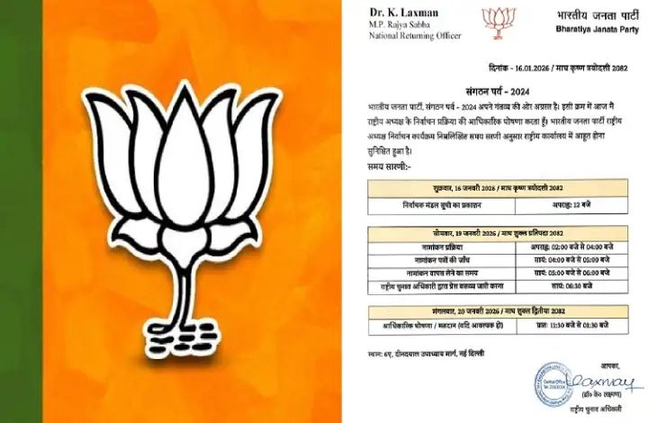 ಬಿಜೆಪಿ ರಾಷ್ಟ್ರೀಯ ಅಧ್ಯಕ್ಷ ಚುನಾವಣೆಗೆ ದಿನಾಂಕ ಘೋಷಣೆ