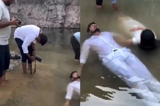 ಕೆರೆಯ ನೀರಿನಲ್ಲಿ ತೇಲುತ್ತಾ ಹೆಣದ ರೀತಿ ಪ್ರಿ-ವೆಡ್ಡಿಂಗ್ ಶೂಟ್ : ಫೋಟೋ ವೈರಲ್ 