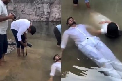 ಕೆರೆಯ ನೀರಿನಲ್ಲಿ ತೇಲುತ್ತಾ ಹೆಣದ ರೀತಿ ಪ್ರಿ-ವೆಡ್ಡಿಂಗ್ ಶೂಟ್ : ಫೋಟೋ ವೈರಲ್ 