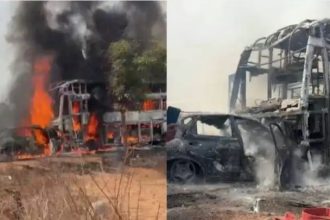 ಬಸ್ ಕಾರು ಮುಖಾಮುಖಿ ಡಿಕ್ಕಿ, ಹೊತ್ತಿ ಉರಿದ ಬಸ್ : 6 ಮಂದಿ ಸಜೀವ ದಹನ 