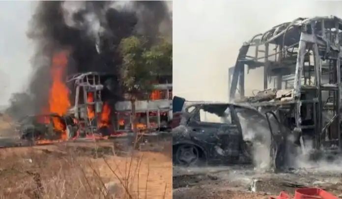 ಬಸ್ ಕಾರು ಮುಖಾಮುಖಿ ಡಿಕ್ಕಿ, ಹೊತ್ತಿ ಉರಿದ ಬಸ್ : 6 ಮಂದಿ ಸಜೀವ ದಹನ 