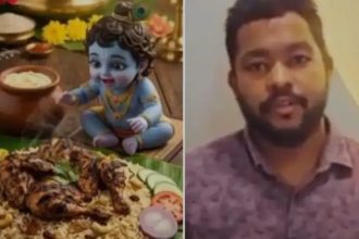 ಬಾಲಕೃಷ್ಣನ ಚಿತ್ರದ ಪಕ್ಕದಲ್ಲಿ ‘ಚಿಕನ್ ಬಿರಿಯಾನಿ ಪ್ರದರ್ಶನ : ತೀವ್ರ ಆಕ್ರೋಶ 